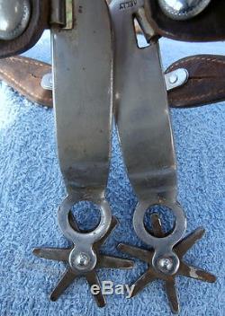 Vintage marked Kelly Horse Cowboy Cut Out Shank Big Rowels Spurs Leather Straps