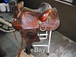 Vintage tooled leather horse saddle-show-trophy-Queen 1963-15-Big Horn-heavy