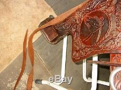 Vintage tooled leather horse saddle-show-trophy-Queen 1963-15-Big Horn-heavy