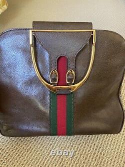 Vtg 60's Gucci Brown Leather Purse RARE Gold Stirrup Handle Buckles