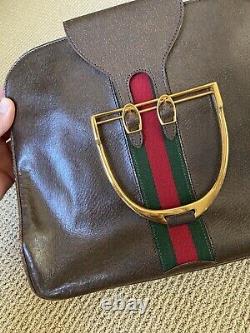 Vtg 60's Gucci Brown Leather Purse RARE Gold Stirrup Handle Buckles
