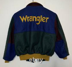 Vtg 80s wrangler mens embroidered large spell out wool leather quilt lined jcket