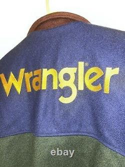 Vtg 80s wrangler mens embroidered large spell out wool leather quilt lined jcket