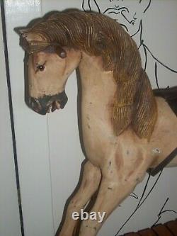 Vtg Antique Child's Carved Wood Rocking Horse Leather Saddle Stirrups Glass Eyes