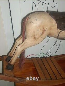 Vtg Antique Child's Carved Wood Rocking Horse Leather Saddle Stirrups Glass Eyes