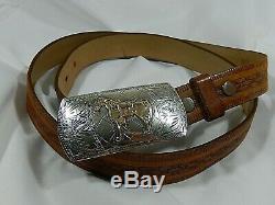 Vtg Don Ricardo Sterling Silver & 10k Yg Horse Belt Buckle Hickock Leather Belt