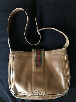 Vtg Gucci Brown Leather Gilt Gold Equestrian Boot Clasp Shoulder Bag 1970 RARE