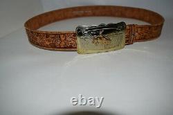 Vtg Irvine & Jachens German Silver Cowboy Horse Belt Buckle W Tooled Leather Bel