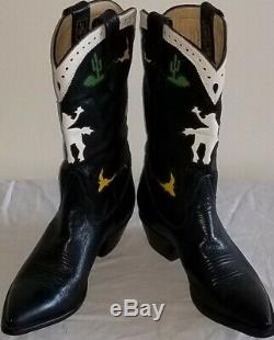 Vtg Larry Mahan Womens Black Cowboy Boots Inlay Multi Leather Sz 7 Rare