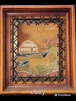 Vtg Leather Art Kyrgyzstan Framed w Leather Laced Edge, Yurt w Horse, 10x12