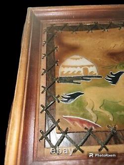 Vtg Leather Art Kyrgyzstan Framed w Leather Laced Edge, Yurt w Horse, 10x12