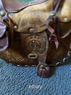 Vtg Leather Hand Tooled Western Cowgirl Horse Mini Saddle Shoulder Bag