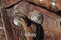 Vtg Leather Tooled 15 Saddle Double Strap Silver Conchos Western Cowboy Horse