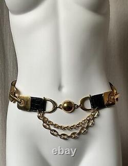 Vtg Streets Ahead Croco Leather Statement Belt Gold Dome and Chain Horse Bit Det