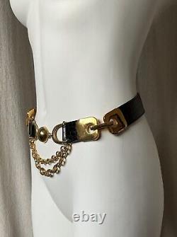 Vtg Streets Ahead Croco Leather Statement Belt Gold Dome and Chain Horse Bit Det