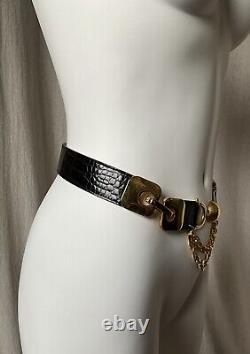 Vtg Streets Ahead Croco Leather Statement Belt Gold Dome and Chain Horse Bit Det