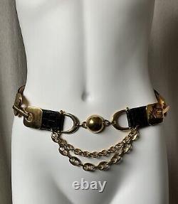 Vtg Streets Ahead Croco Leather Statement Belt Gold Dome and Chain Horse Bit Det