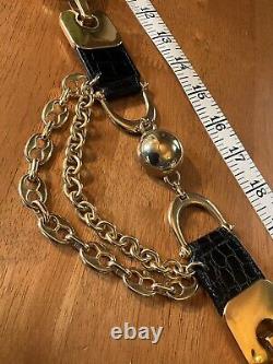 Vtg Streets Ahead Croco Leather Statement Belt Gold Dome and Chain Horse Bit Det