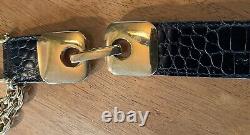 Vtg Streets Ahead Croco Leather Statement Belt Gold Dome and Chain Horse Bit Det