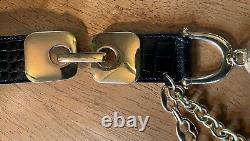 Vtg Streets Ahead Croco Leather Statement Belt Gold Dome and Chain Horse Bit Det