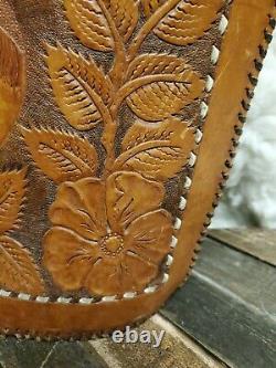 Vtg Tan Hand Tooled Leather Western Bag Cowboy Horse Large Brown Whipstitch Tote