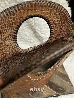Vtg Tan Hand Tooled Leather Western Bag Cowboy Horse Large Brown Whipstitch Tote