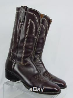 Vtg USA LUCCHESE Men 8.5-D Dark Brown Goat Leather Western Horse Cowboy Boot