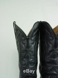 Vtg USA LUCCHESE Men 9.5-D Black Burnished Calf Western Horse Cowboy Boot