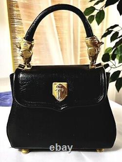 Vtg Vicenza Top Handle Purse Handbag Black Leather Gold Horses Equestrian