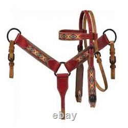 Western Cowhide Leather Horse Matching Headstall Breast Collar Bridle & Reins