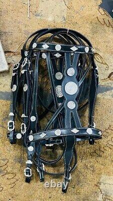Western Engraved Silver Inlay Horse Black Leather Spanish Bridle & Reins Set