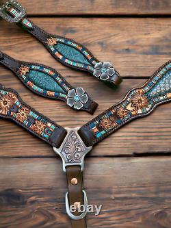 Western Genuine Argentina Leather Headstall Breast Collar Set for Horse Mousm