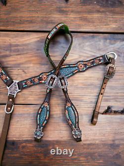 Western Genuine Argentina Leather Headstall Breast Collar Set for Horse Mousm