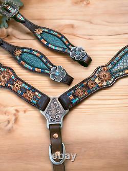 Western Genuine Argentina Leather Headstall Breast Collar Set for Horse Mousm