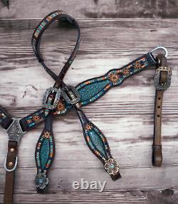 Western Genuine Argentina Leather Headstall Breast Collar Set for Horse Mousm