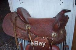 Western Leather Vintage Riding Roping Horse Saddle Nice Leather Tooling Stirrups