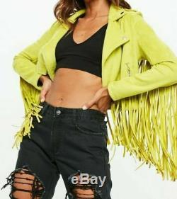 Women Vintage Yellowish Suede Leather Jacket Ladies Native Fringe Western Coat