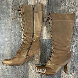 Womens 11M FRYE VILLAGER LACE Brown Leather Tall Lace Up Distressed Boots 77610