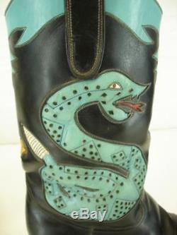 Womens 7.5 B M Rocketbuster rattlesnake cactus boots black turquoise leather Vtg