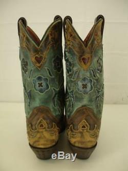 Womens 7 M Dan Post Vintage Blue Bird Cowboy Boots Cut-Out Inlay Brown Turquoise
