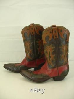 Womens 8.5 B M Vtg Ammons Handmade Cowboy Boots Cut-Out Inlay Red Brown Old West