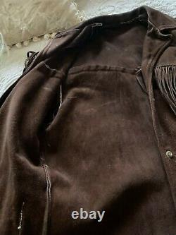 Womens Vintage Brown Suede Leather Jacket Native 9 Fringe Western Handmade-Rare