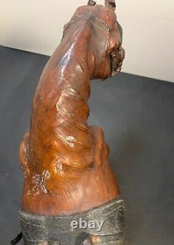 Wood & leather horse sculpture. Vintage. Carving. 17 3/4 x 20 3/4 x 5 1/2 Inches